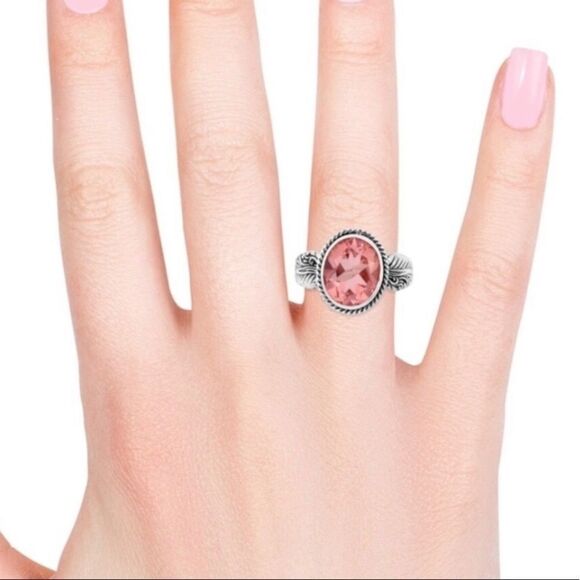 Sterling Silver Fern Leaves Oval Pink Morganite Stone Stylish Ring Jewerly - Picture 1 of 5